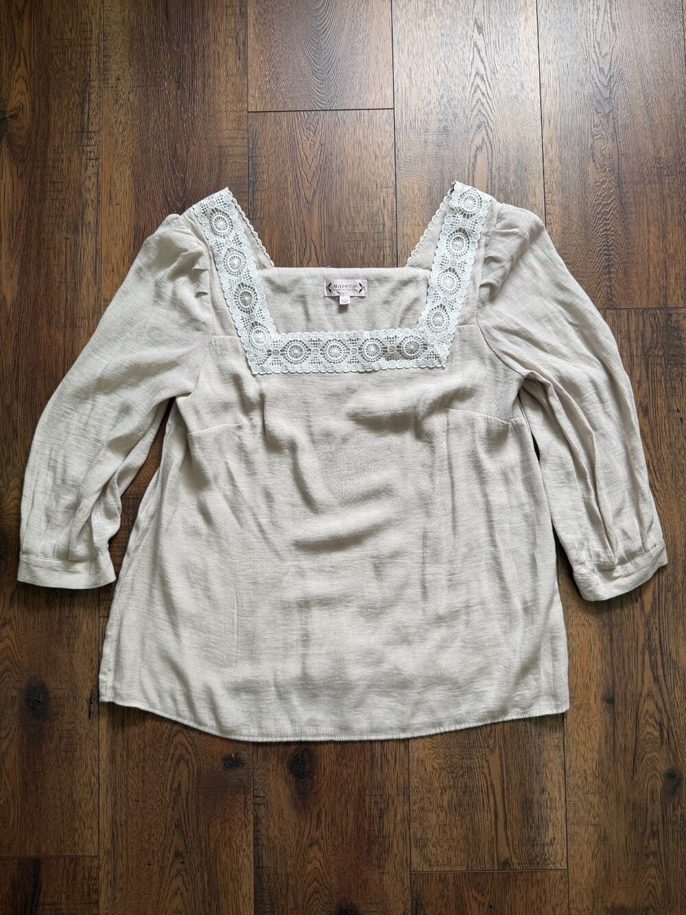 Nanette Lepore Beige Crochet Lace Square Neck Blouse Large